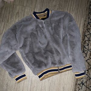 Gray faux fur Varsity looking jacket